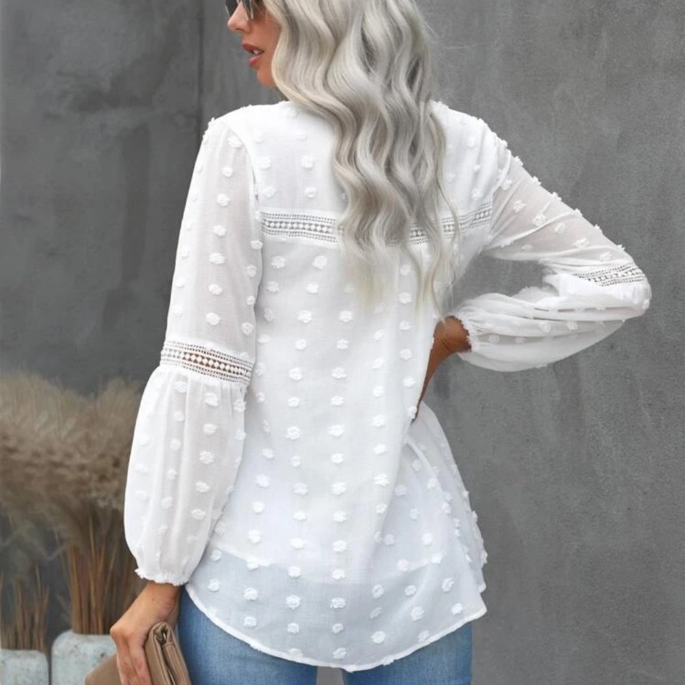 Long sleeve swiss dot sheer chiffon blouse boho - Picture 4 of 8